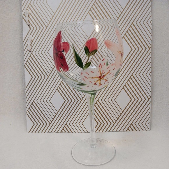 9" Goblet HAND PAINTED WINE GLASS Tropical Asian Lilly Flowers - Picture 6 of 14